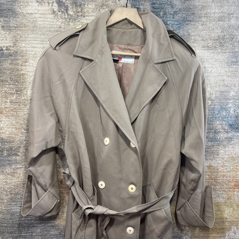 Vintage 80s George David Womens Beige Wool Belted Long Coat Double Button